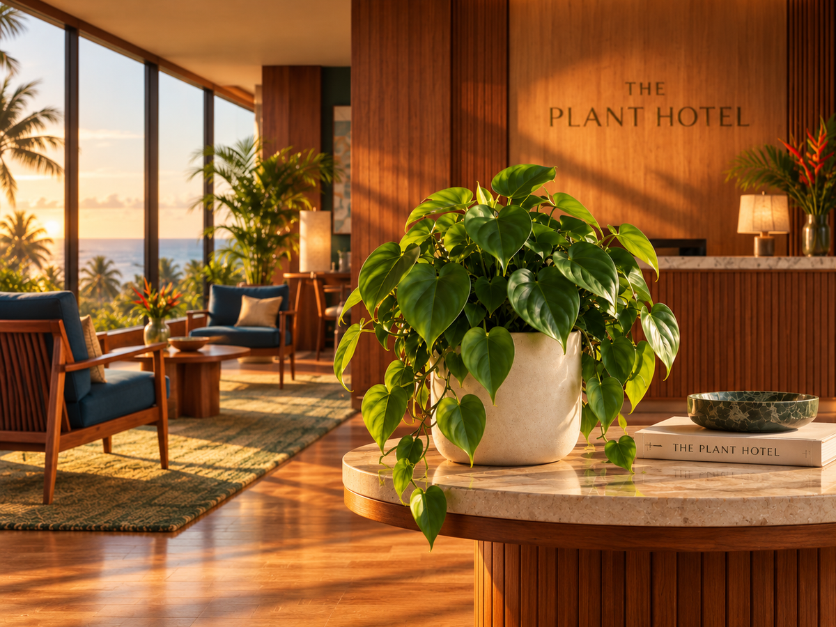 Philodendron Cordatum Heartleaf in a warm midcentury Plant Hotel lobby